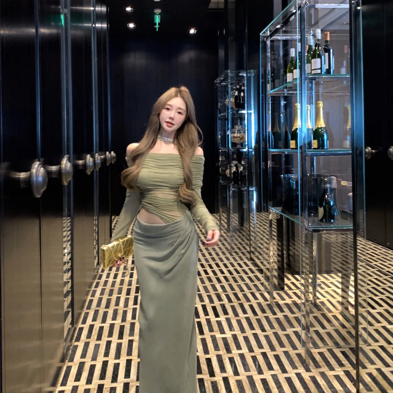 网纱露腰一字肩连衣裙小众设计感辣妹性感气质修身显瘦微透长裙