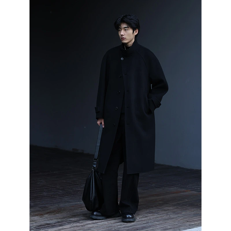 冬季中长款毛呢大衣黑色复古呢子韩版过膝外套男士N86122