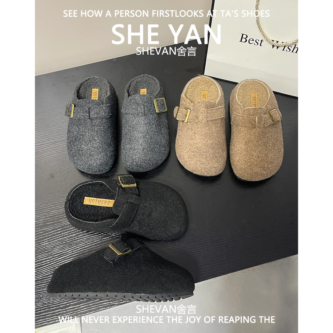 羊皮版~加绒厚底复古勃肯鞋女2025年新款皮带扣博肯包头半拖鞋