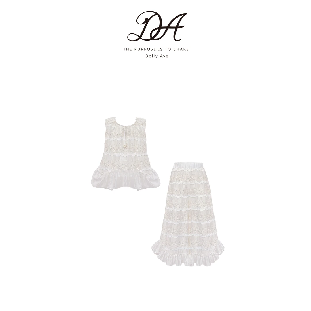 【现货】DollyAve 欧拉 轻奢定制提花刺绣天丝混纺荷叶边裤夏季套装