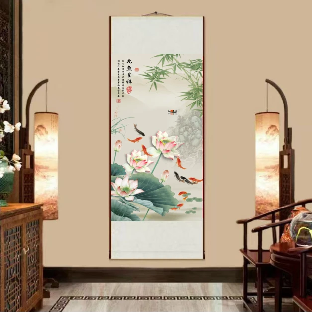 【福利】九鱼呈祥35*110cm书房卧室玄关实木卷轴挂画