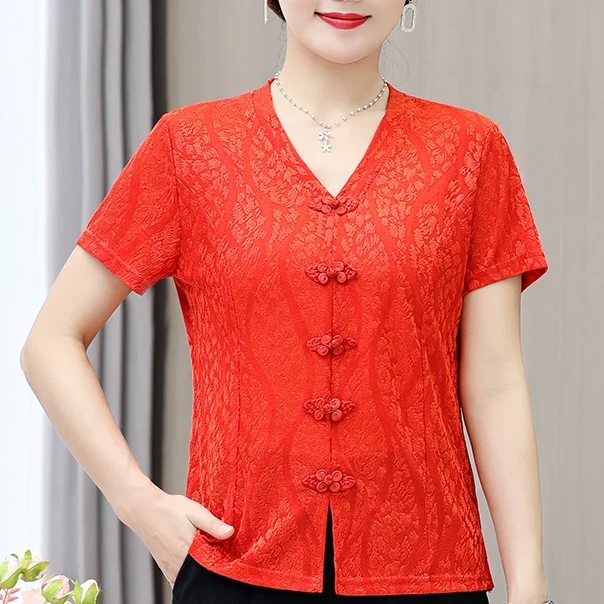 2025新款时尚洋气妈妈装短袖国风V领气质显瘦夏季复古中式