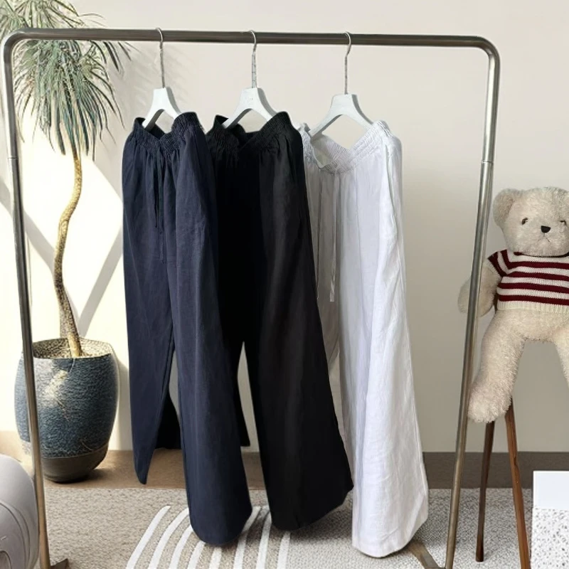 纯亚麻系带阔腿裤夏季女直筒垂感拖地松紧腰休闲麻裤25070748