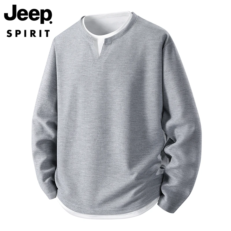 JEEP SPIRIT 吉普休闲 美式假两件华夫格长袖男士春秋季百搭上衣