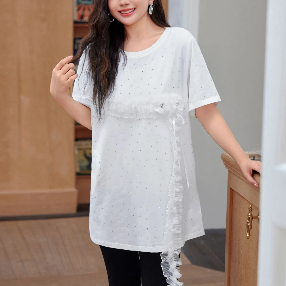 【天丝棉】MsShe大码女装夏装重工烫钻拼接花边短袖T恤J~E2504004