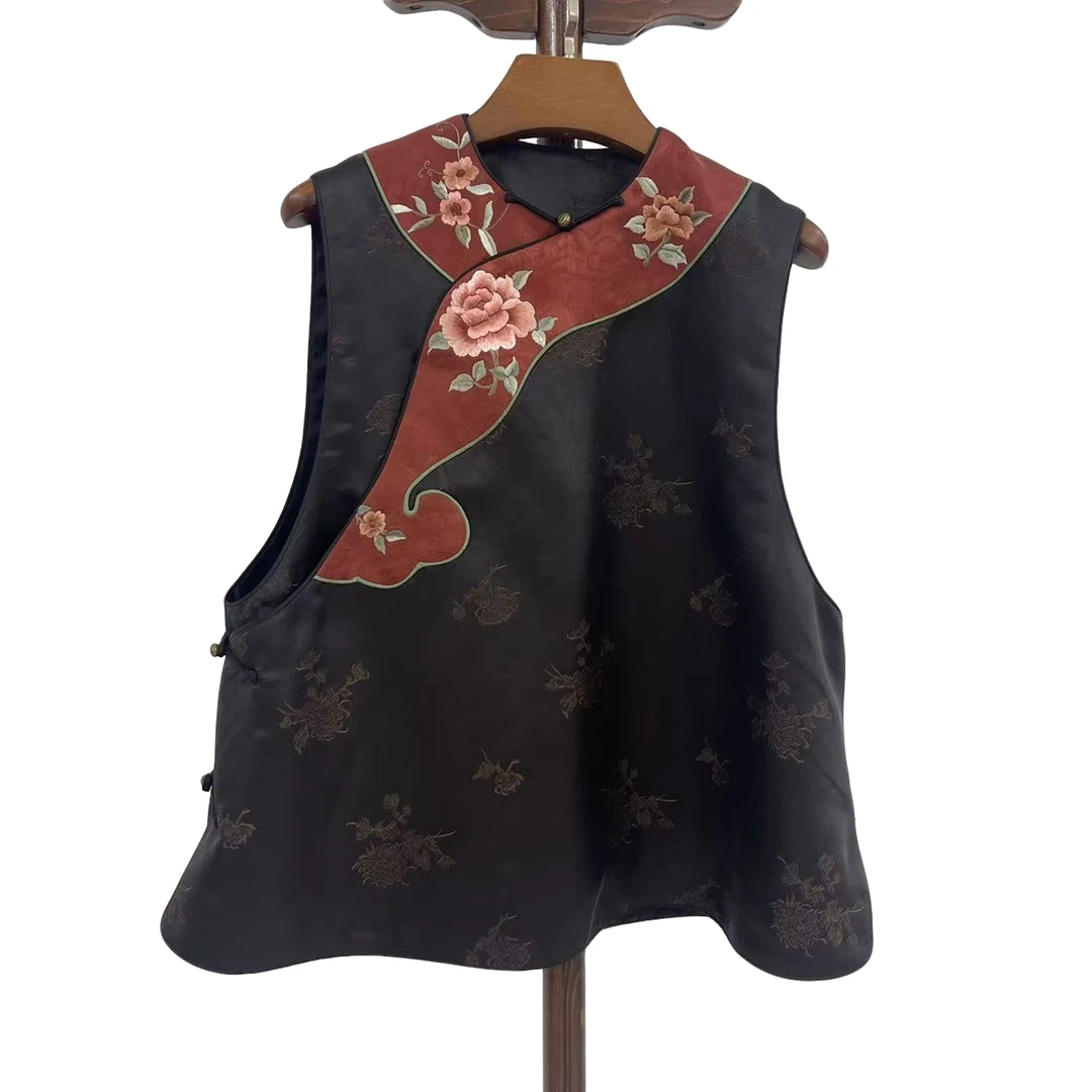 【花开富贵20013】香云纱手绣牡丹如意马甲