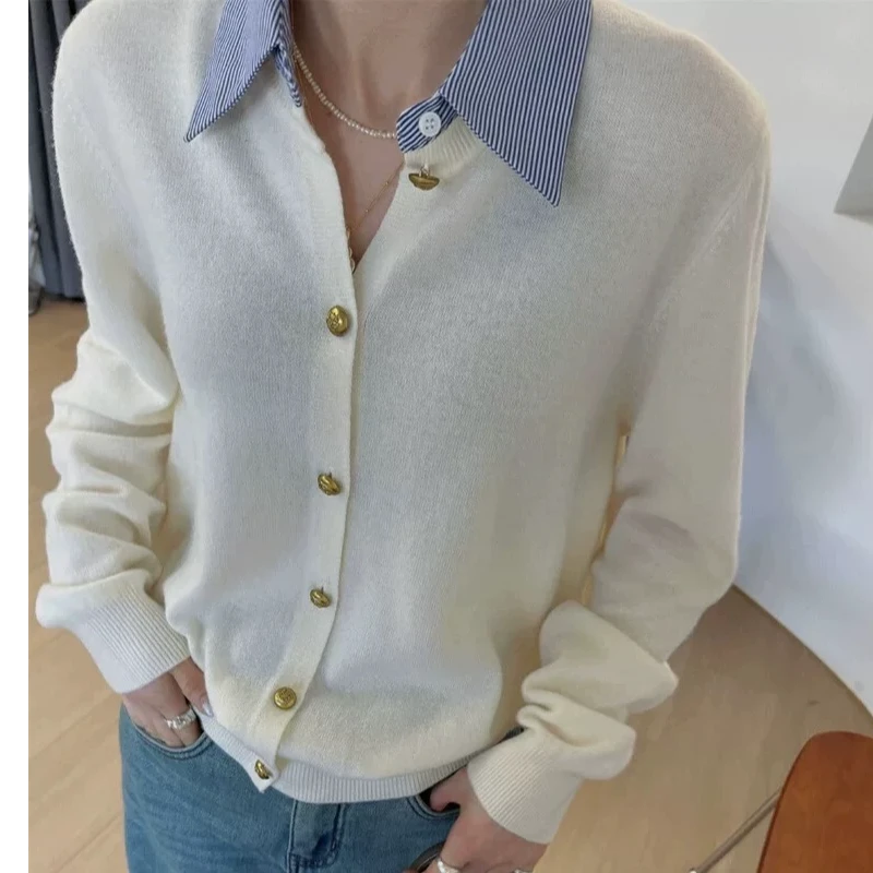 8834欧洲站假两件开衫女金扣拼接翻领POLO针织衫毛衣外套