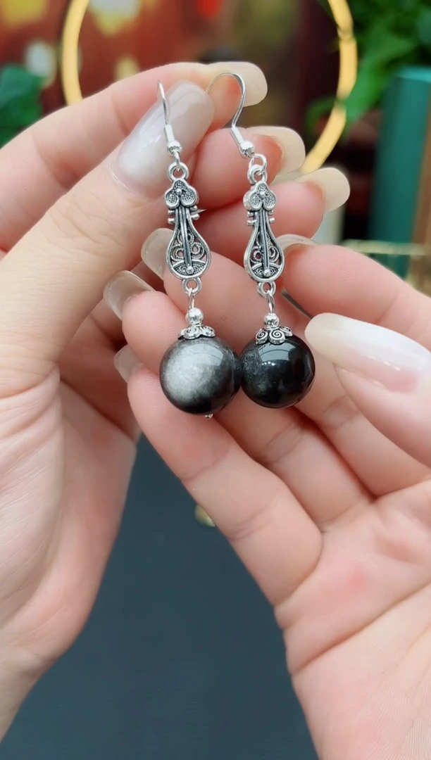 黑曜岩银S925镶嵌耳饰314000