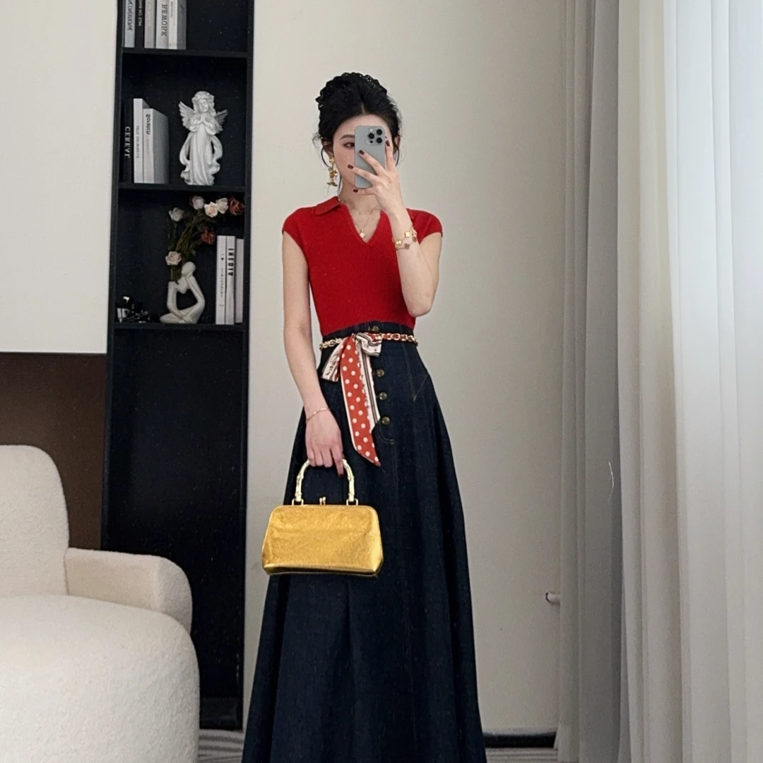 拉夏贝尔25夏小众炸街高级感女装显瘦气质上衣+牛仔裙 00037 SXJ