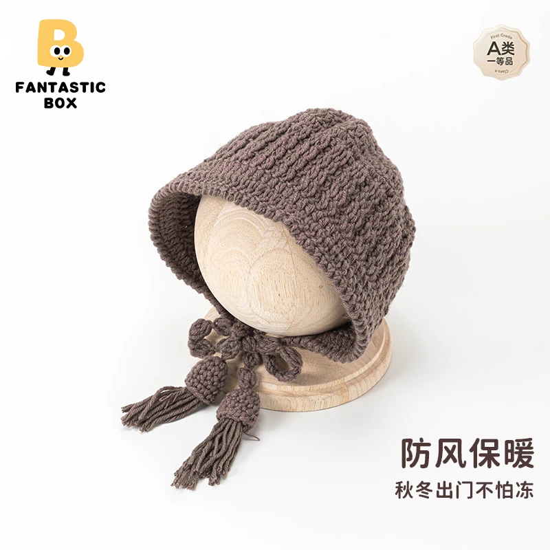 番桃盒子宝宝帽子秋冬防寒套头帽女宝宝麻花辫针织帽婴儿外出帽子