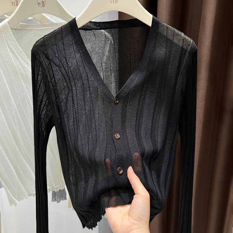 黑色微透薄款防晒针织开衫2025新款配连衣裙外搭小众高端短款外套