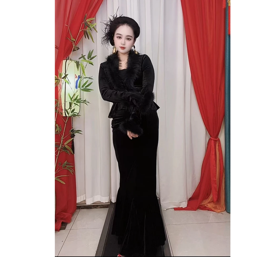 长袖薄款修身黑色分体套装显瘦裙子鱼尾裙国风