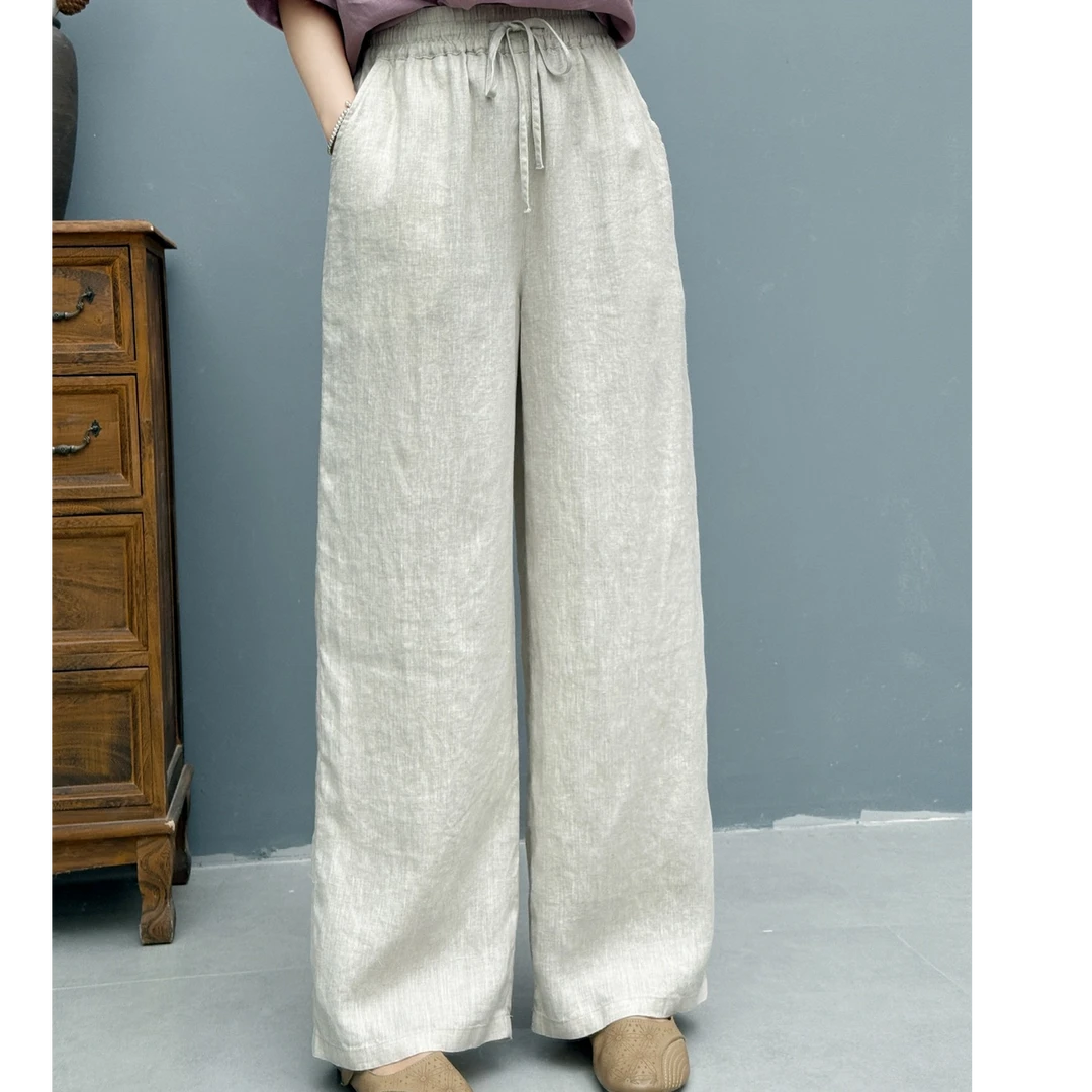 100%纯亚麻长裤无弹力薄款休闲休闲裤宽松文艺百搭夏季纯色