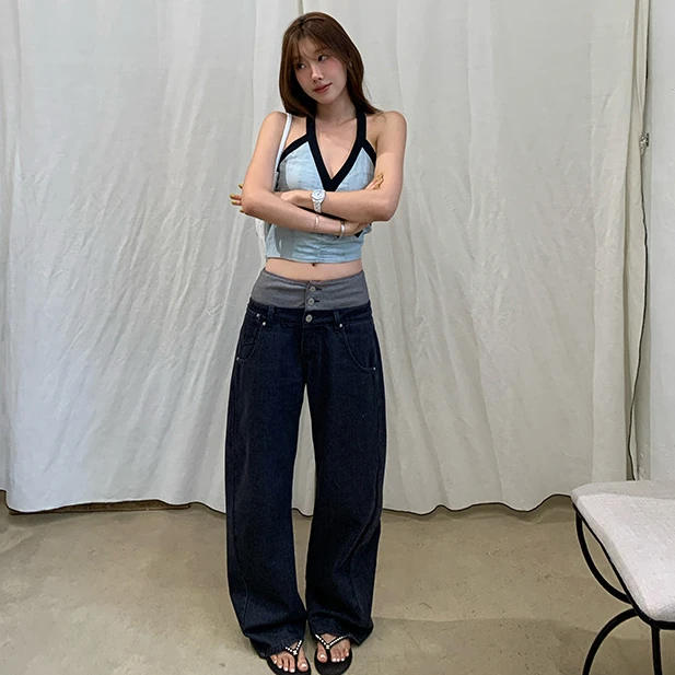 Ranwear si服 敲推荐 小众时髦腔调双腰头特殊水洗铆钉弯刀牛仔裤