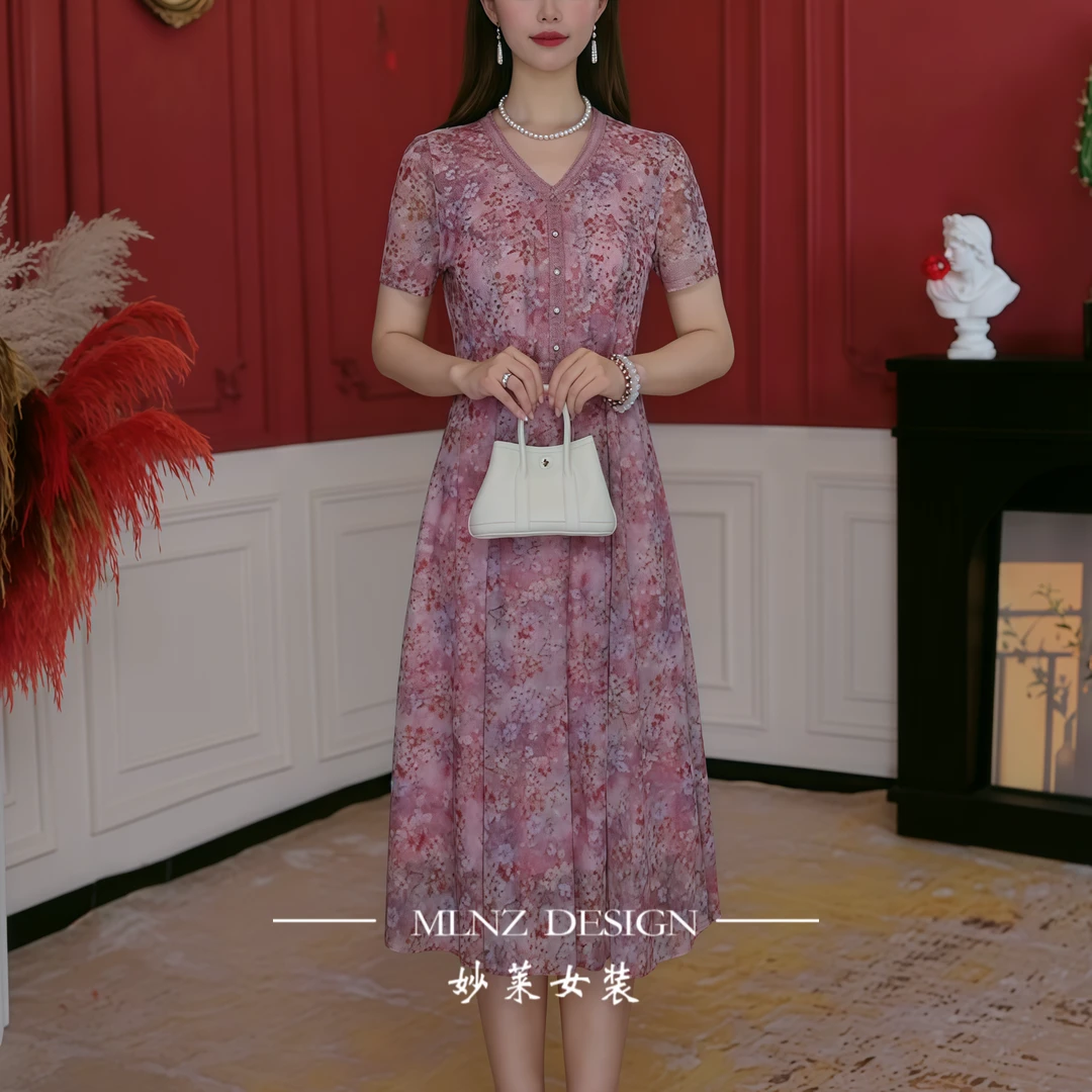 【妙莱麦芽红】夏季台湾长款妈妈装显瘦爆款高贵长裙碎花气质连衣裙