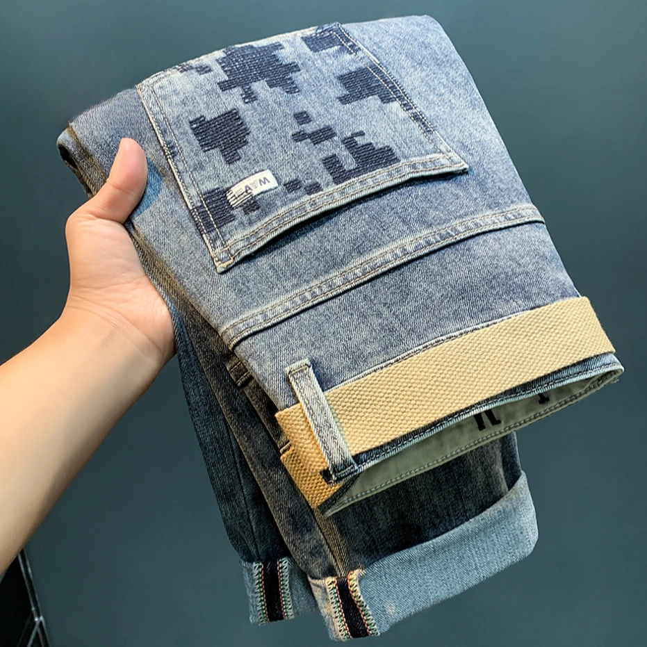 2025夏季薄款弹力牛仔裤男款韩版修身时尚刺绣美式休闲复古长裤男