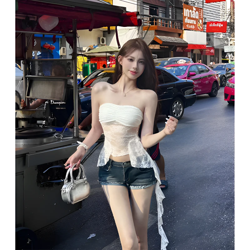 婉君【抹胸蕾丝】性感纯欲蕾丝拼接抹胸不规则上衣LWJ24B2T945