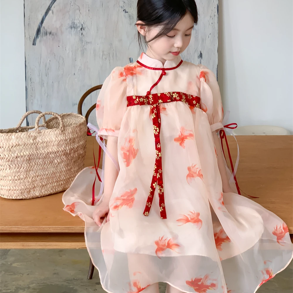 不童派新款女宝汉服裙女童中国风旗袍领纱裙女孩泡泡袖连衣裙
