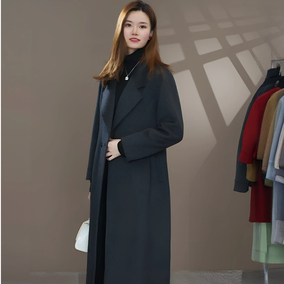 甜甜88995冬季保暖长款立领宽松型厚款毛呢外套设计师外套女士