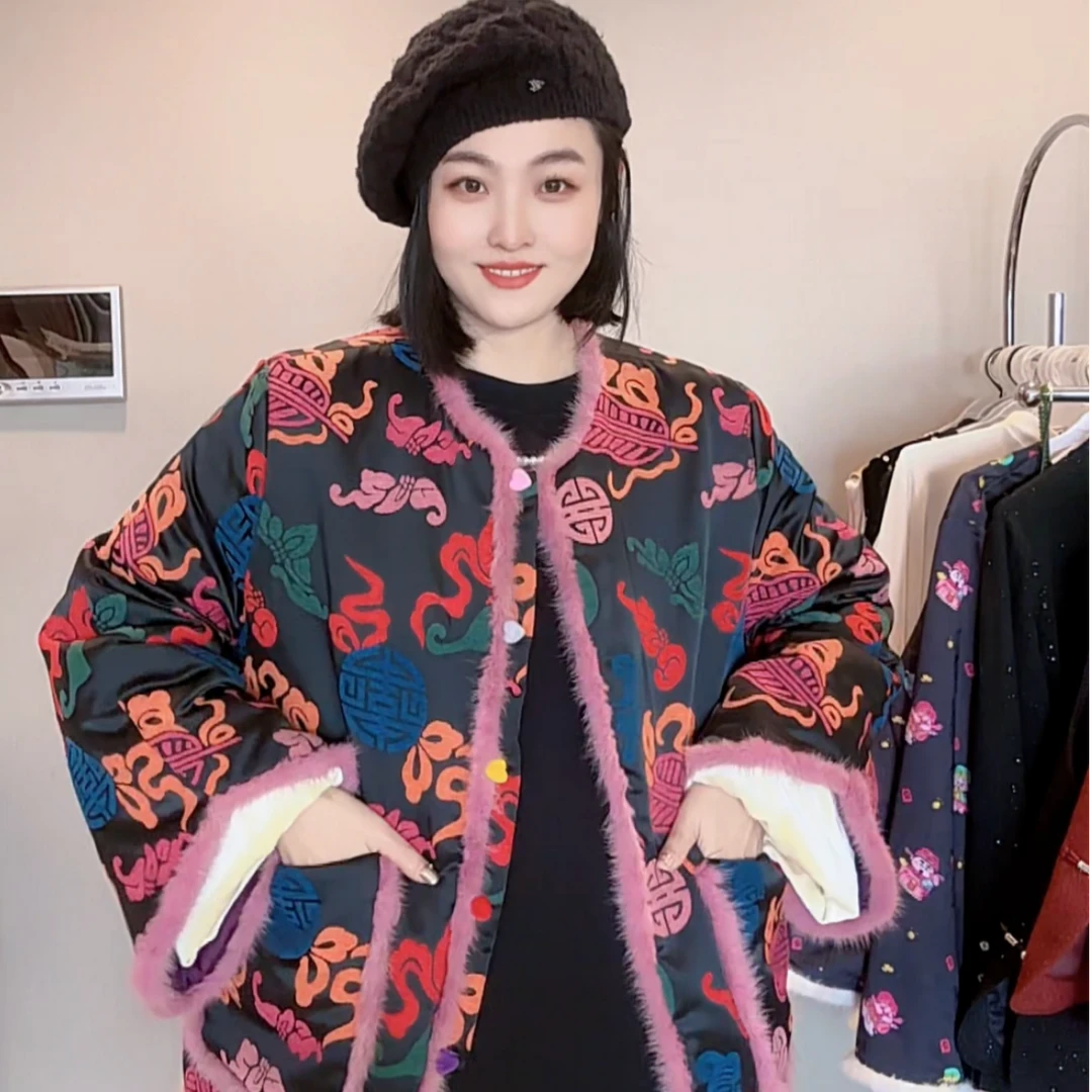 FF 3786｛年味｝新中式人丝漳绒工艺宽松大版加绒加棉国风厚外套