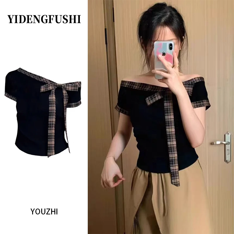 YIDENG2025年韩系格纹蝴蝶结绑带斜肩短袖T恤夏季新款修身显瘦别