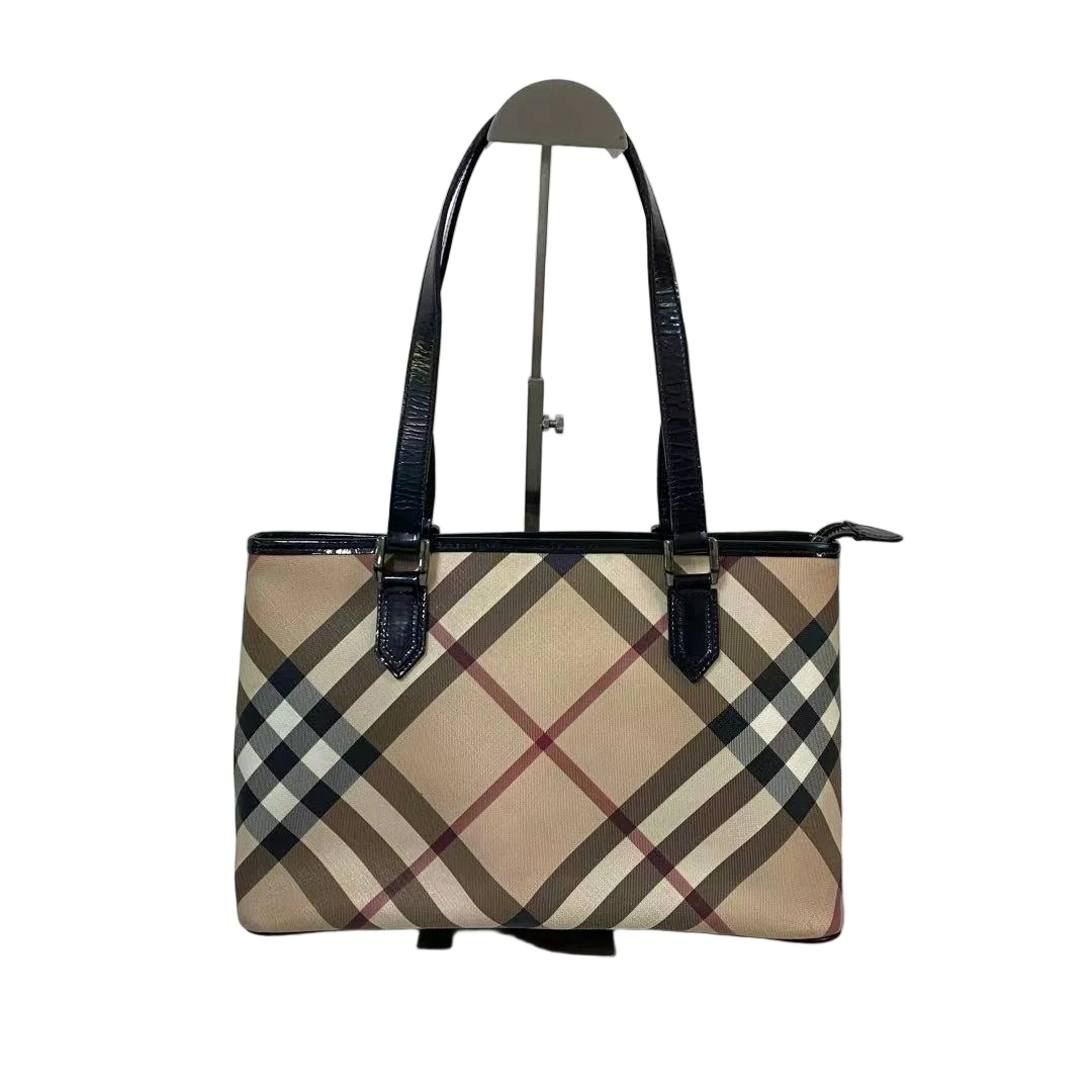 95新 BURBERRY/博柏利 经典格纹PVC拼皮单肩手提托特包 BH-50903