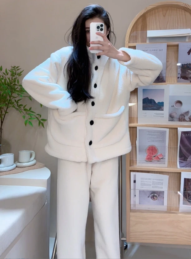 【清清清】高定高织高密加绒北羔绒睡衣女秋冬季套装家居服保暖长袖