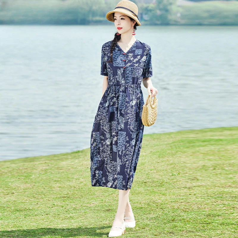 棉麻中长款碎花连衣裙2022夏季新款复古民族风减龄遮肚子妈妈裙子