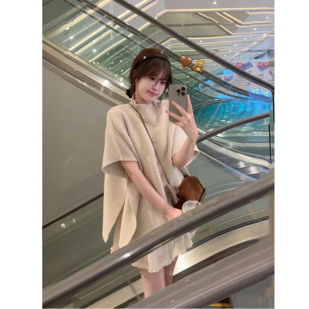 2025秋季新款韩系chic半高领宽松针织衫披肩上衣搭高腰显瘦半身裙