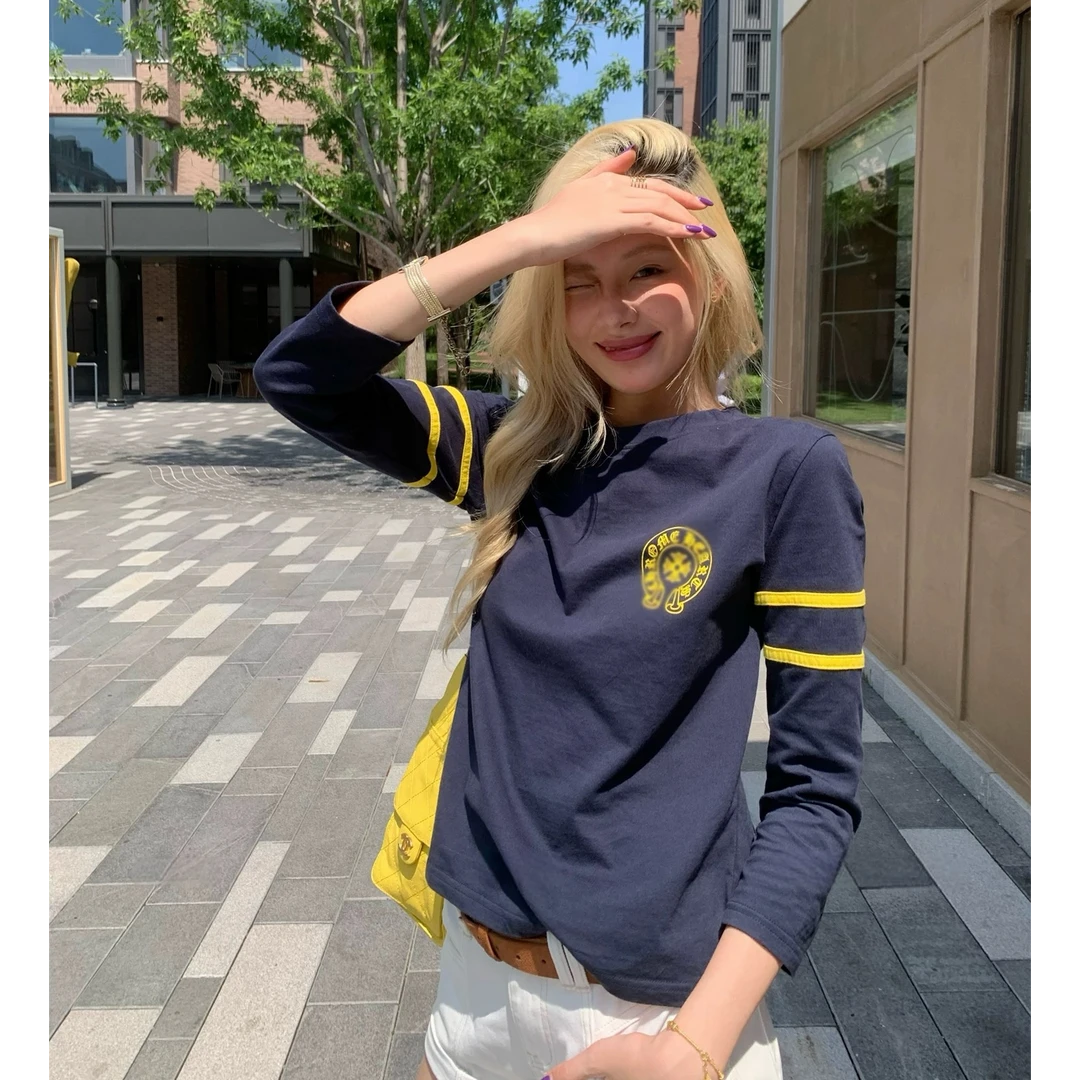 美式条纹七分袖t恤网红显瘦时尚复古修身休闲ins韩版