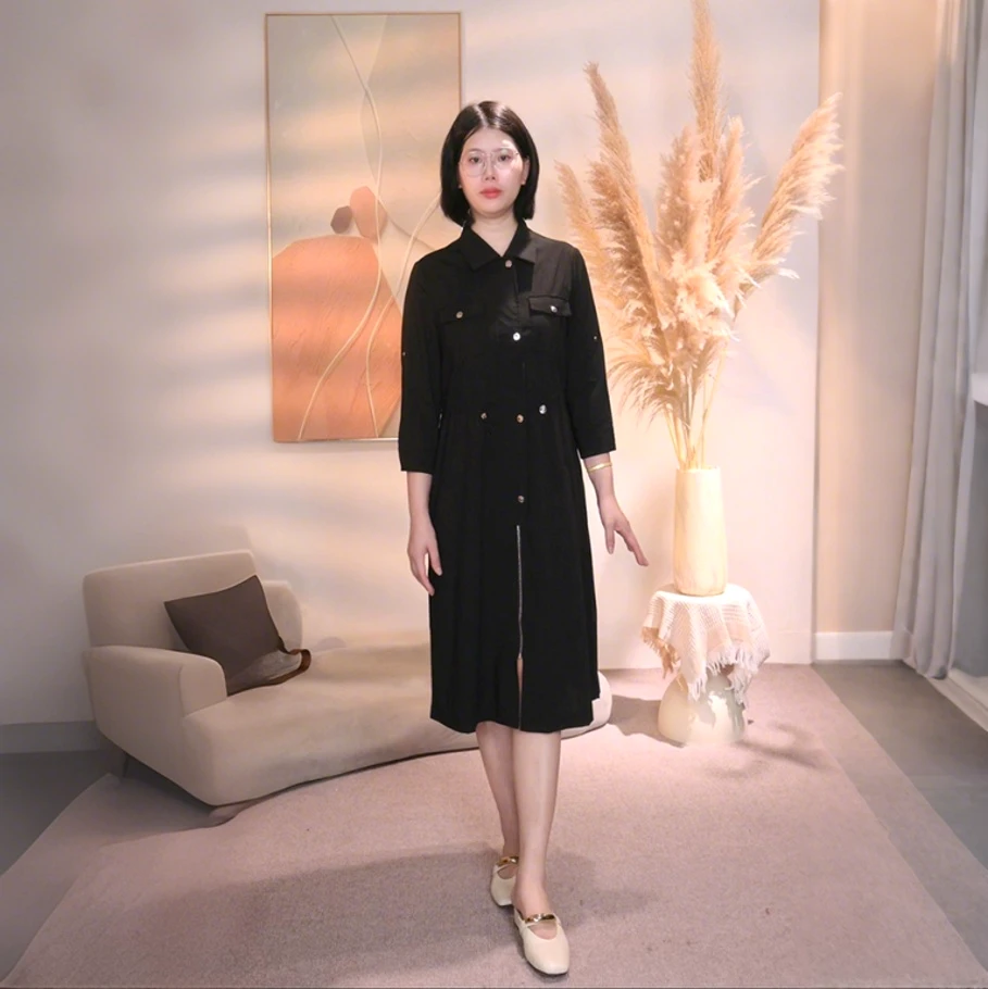 长袖POLO领套头款收腰轻奢连衣裙女装赫本风黑色气质