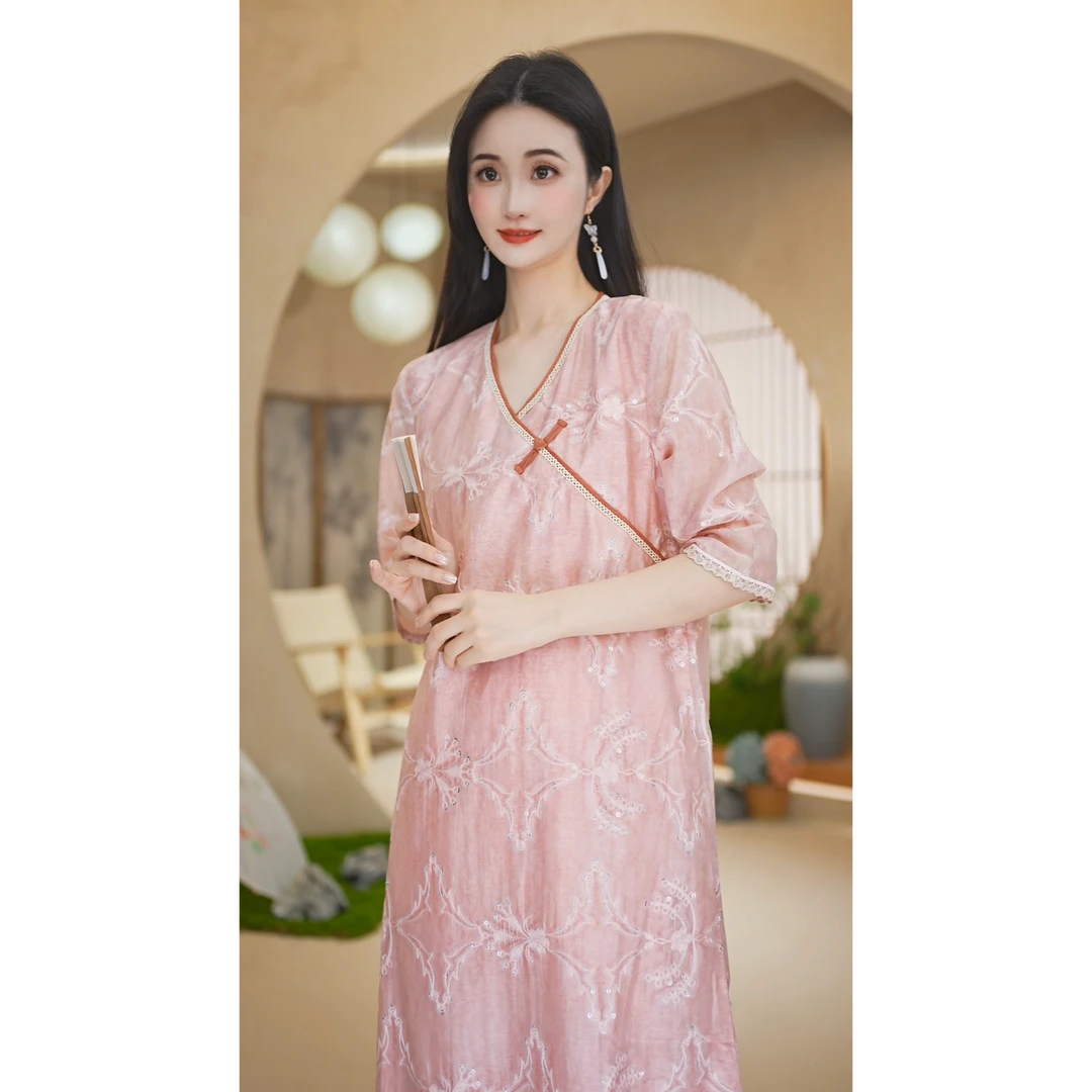 新款西子素然 原创中国风显瘦时尚旗袍七分袖A字连衣裙9035