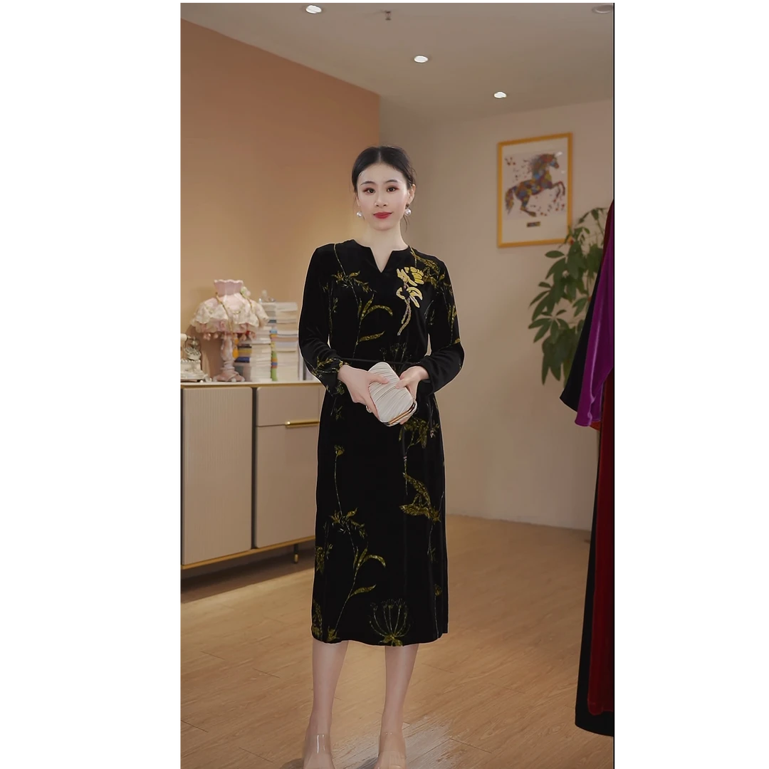【七景】2025新款桑蚕丝丝绒连衣裙高端国风古韵风需干洗SL25246