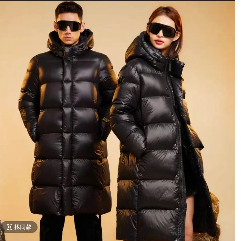 黑色金标长款过膝长款时尚户外情侣连帽防风外套加绒加厚羽绒服