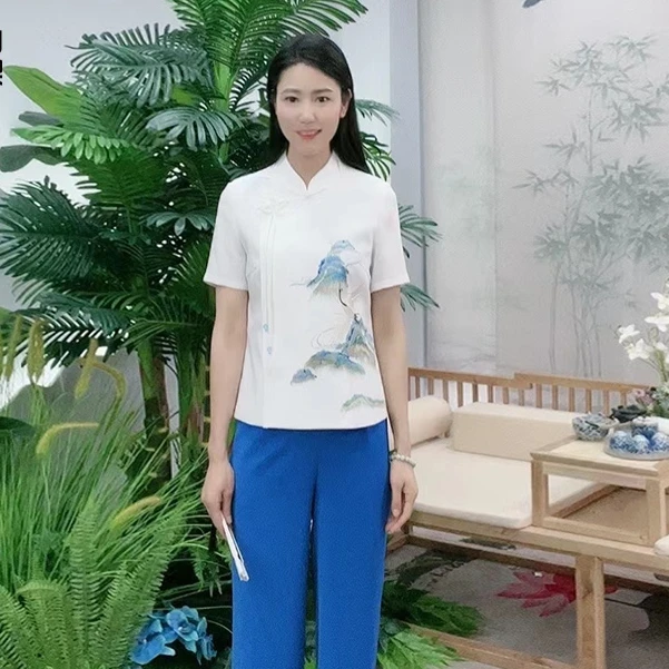 中式山水白色雅致修身气质刺绣女江山如画上亦衣BMT18733