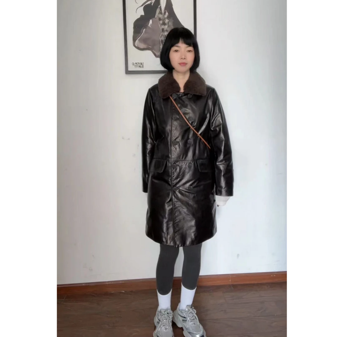 2468油蜡牛皮鹅绒皮毛一体毛领加绒女装中长款外套常规时尚毛领