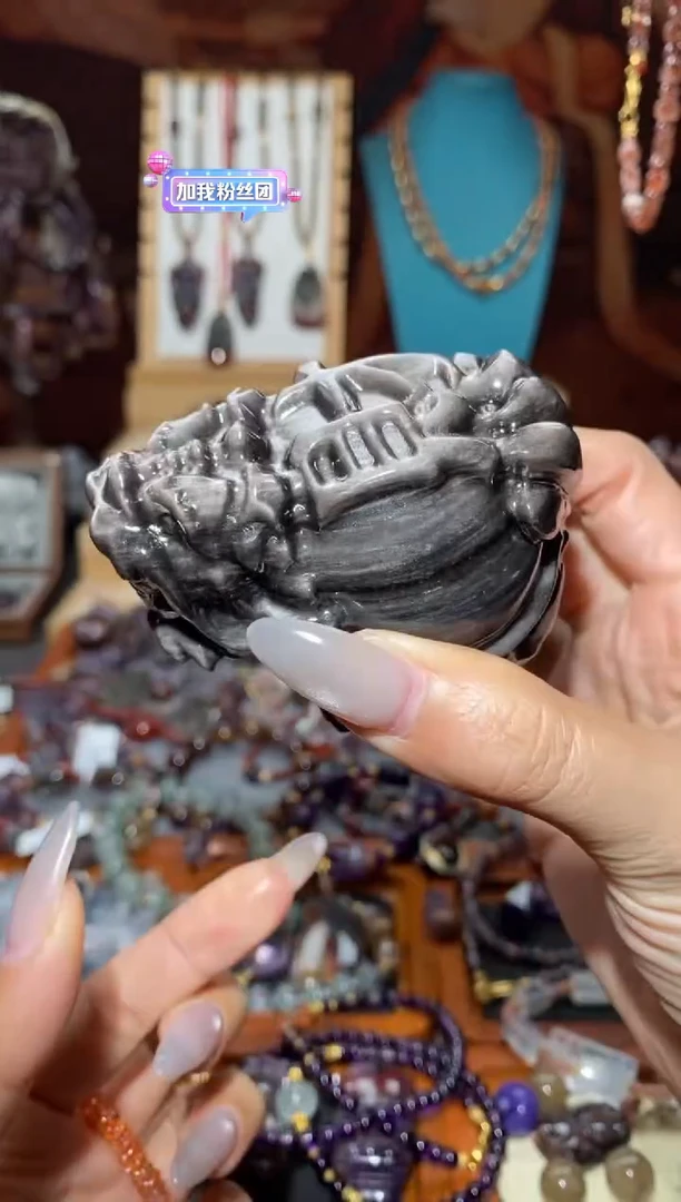 【闪购商品】黑曜岩颈饰未镶嵌银曜石龙龟摆件