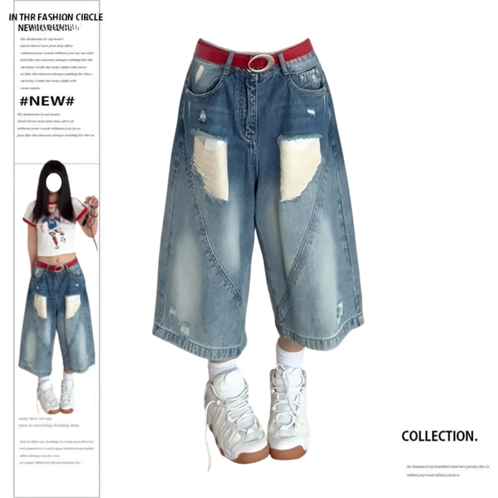 大码美式复古水洗破洞牛仔七分裤女2025春设计感高街直筒阔腿中裤