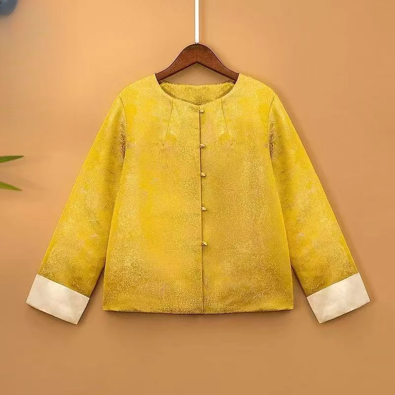 新中式国风黄金扣金黄色圆领重磅提花高级感缎面外套2025款正品