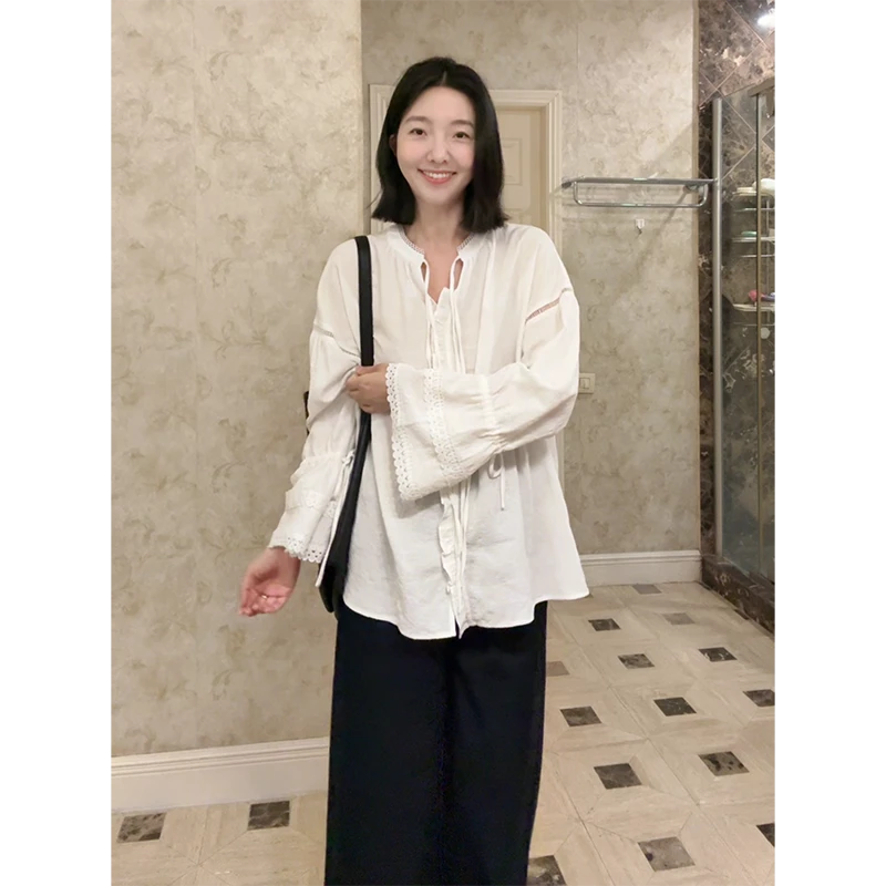 郭九九呢 棉花边系带宽松显瘦长袖衬衫九分阔腿牛仔裤 G925C03193