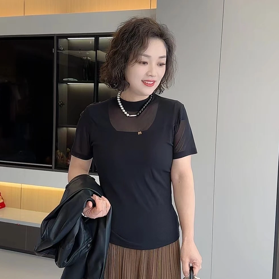 【卿她】M字母标半高领双层网纱短袖上衣新款蕾丝显瘦高弹修身上衣