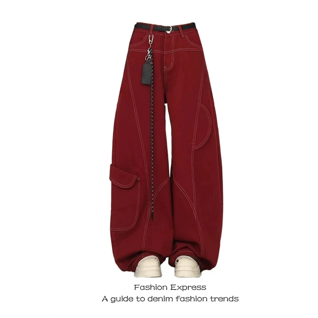 红色裤子牛仔裤女2025春秋新款国潮解构弯刀设计感宽松拖地裤bf潮