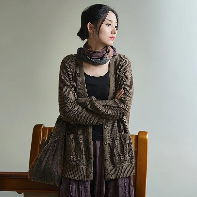 2025春棉麻女装新款设计感文艺开衫慵懒随性居家旅行女式毛衫毛衣