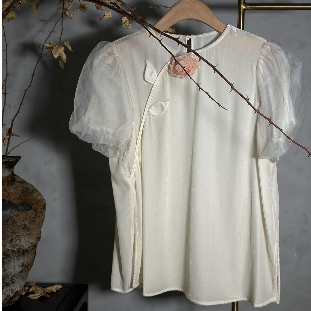 夏季轻职风纯色复古汉服日常优雅设计感手工立体花朵上衣4470