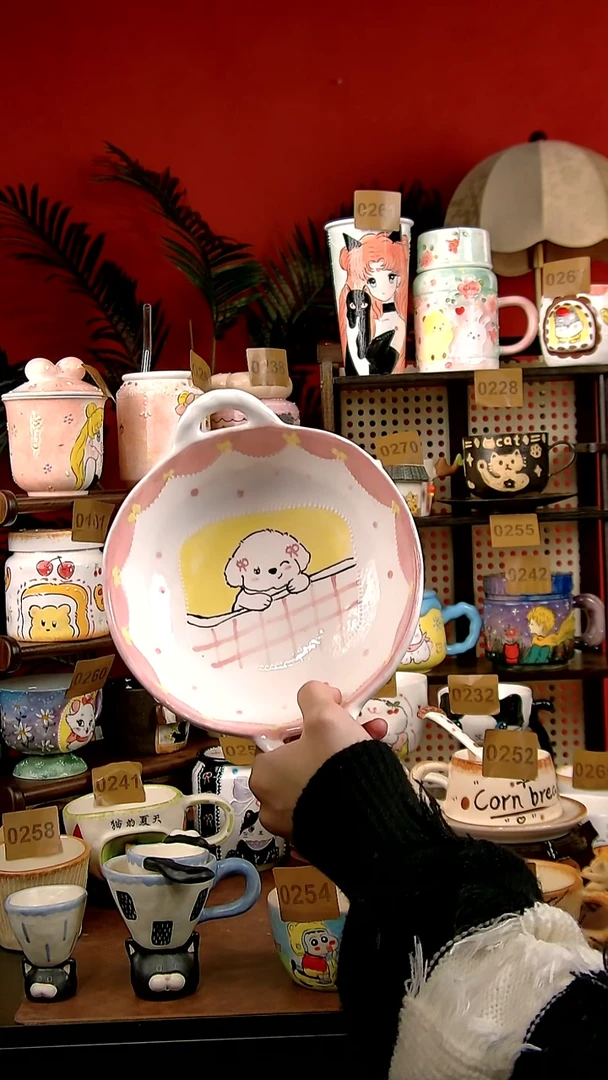 碗瓷DIY景德镇创意手工陶瓷卡通风粉色狗狗大碗