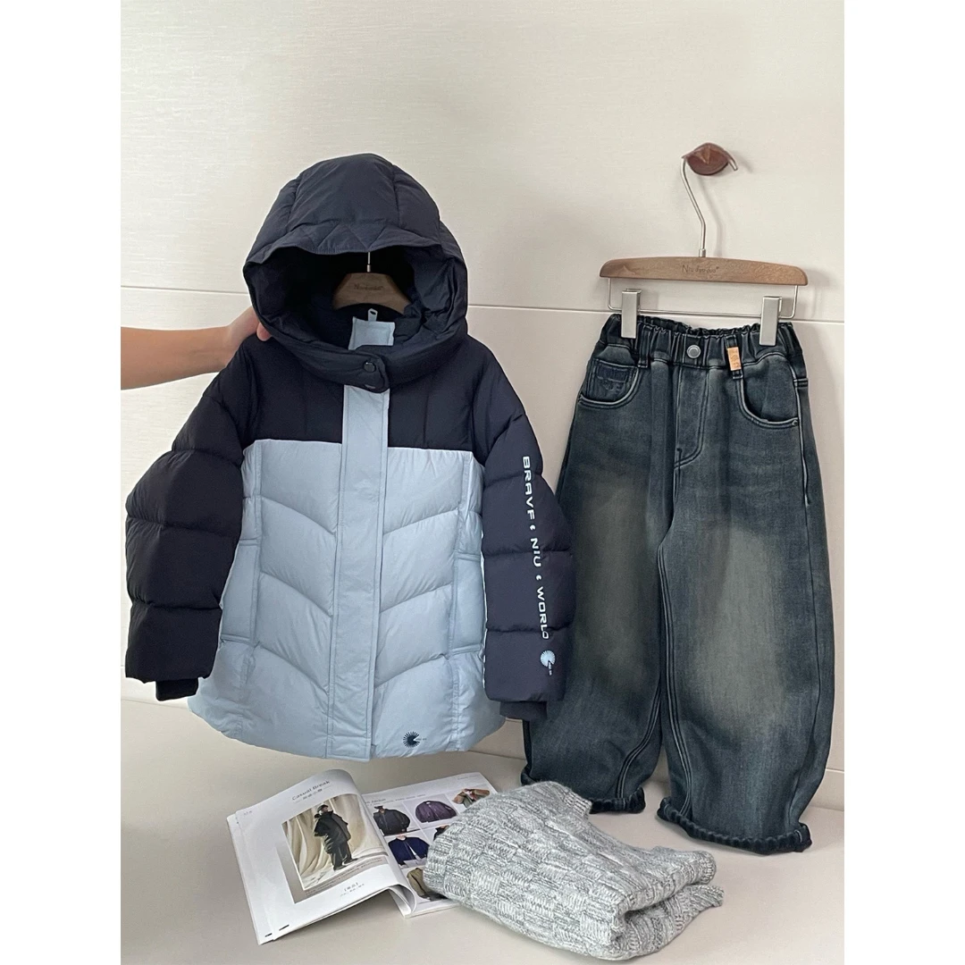 儿童羽绒服2025冬装新款中大童拼色外套男童白鸭绒加厚上衣