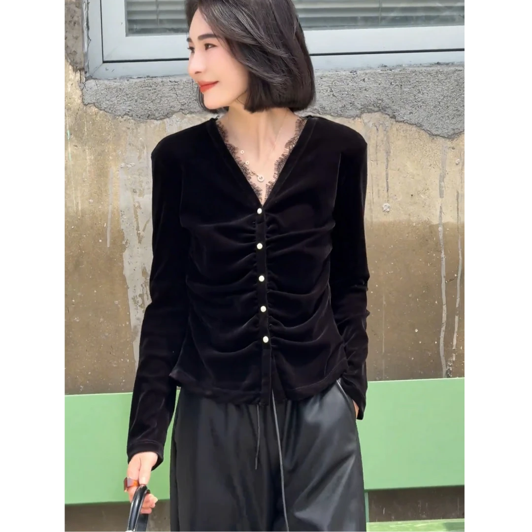 法式蕾丝V领衬衫女2025秋韩版高级感长袖上衣半身裙时尚套装