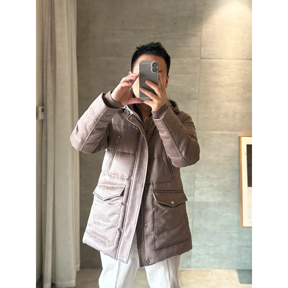 冬季连帽毛呢中长款羽绒服老钱风保暖加厚男款宽松时尚夹克外套
