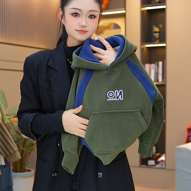 【暮色精灵】加绒加厚冬季新款男女童奥丽绒拼色刺绣连帽卫衣套装