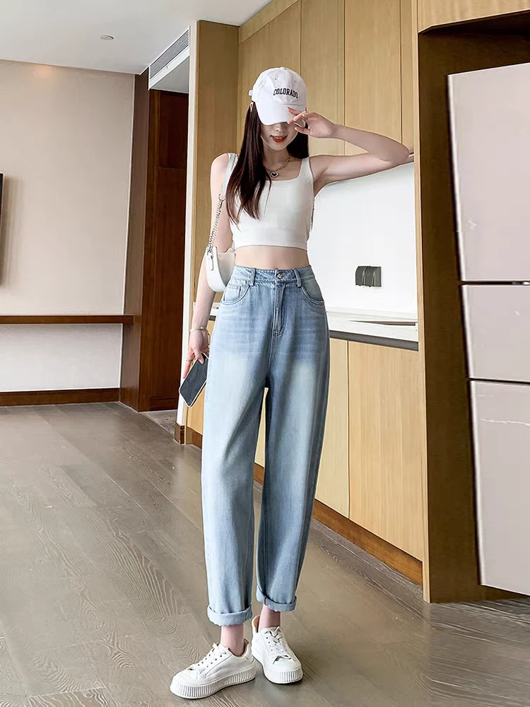 9665女春秋高腰显瘦宽松哈伦萝卜牛仔裤